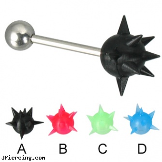 Spiky sphere tongue barbell, 12, 14, or 16 ga, ways tongue piercing can get infected, inch tongue jewelry, how to use tongue ring, straight barbell clear retainer, tips for putting in tongue barbell