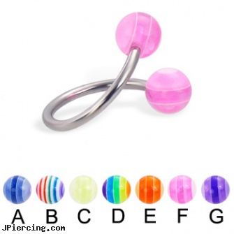 Spiral barbell with acrylic layered balls, 16 ga, ear spiral piercing, spiral barbell, spiral body jewelry, tongue barbells genital, colored heavy gauge tongue barbells