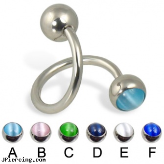 Spiral barbell with cat eye balls, 14 ga, spiral navel ring, spiral body jewelry, spiral barbell, barbell piercings, elvis navel barbell
