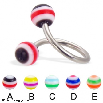 Spiral barbell with circle balls, 14 ga, multiple piercing spiral earrings, spiral barbell, spiral navel ring, barbell, industrial piercing barbells