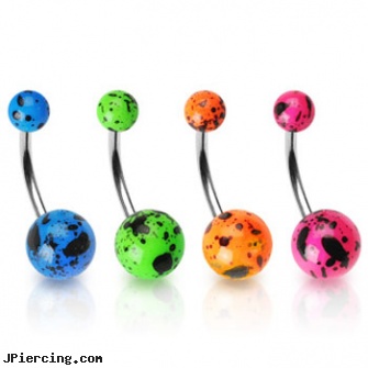 Splat style fluorescent ball belly ring, ear piercing styles, western style tongue studs, nose ring styles, small balled labret, photo ball jewelry