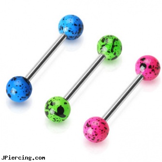 Splat style fluorescent ball tongue ring, 14 ga, nose ring styles, ear piercing styles, western style tongue studs, barbell balls, rhinestone dimple ball charm belly ring