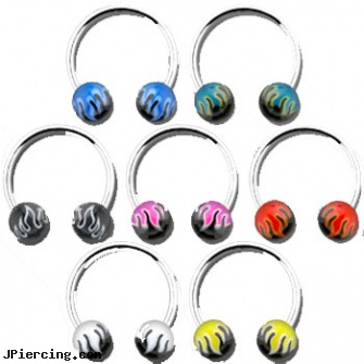 Stainless steel circular (horseshoe) barbell with acrylic flame balls, 14 ga, body jewlery stainless steel, stainless steel triple cock ring, stainless steel cock ring, buy steel lip ring, surgical steel nose rings