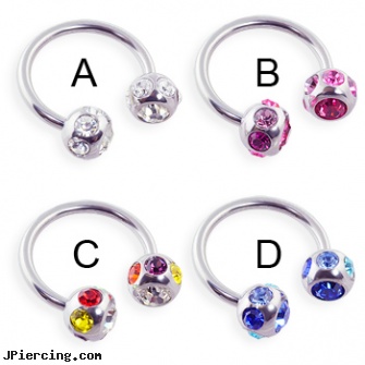 Stainless steel circular (horseshoe) barbell with multi-color jeweled balls, 14 ga, titanium or stainless steel belly button rings, stainless steel body jewelry, stainless steel chain az, nipple rings circular slip on, body jewelry guage circular