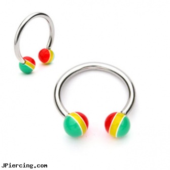 Stainless Steel Circular (Horseshoe) Barbell with Rasta Balls, 16 Ga, navel jewelry surgical stainless steal internal thread, stainless steel body jewelry, titanium or stainless steel belly button rings, body piercing jewelry surgical steel, steel earrings multiple ear piercings