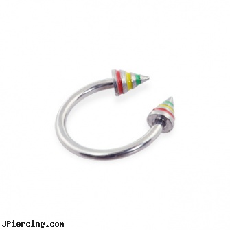 Stainless Steel Circular (Horseshoe) Barbell With Rasta Colored Epoxy Striped Cones, 16 Ga, titanium or stainless steel belly button rings, buy stainless steel lip ring, surgical stainless steel body jewelry, surgical steel flat disc nose stud, steel spike nipple shields