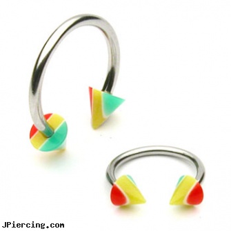 Stainless steel circular (horseshoe) barbell with rasta cones, 14 ga, stainless steel nose rings, stainless steel nipple rings, stainless steel rings, surgical steel body jewellery, double steel cock rings