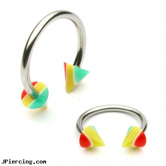 Stainless steel circular (horseshoe) barbell with rasta cones, 16 ga, titanium or stainless steel belly button rings, surgical stainless steel navel jewelry, 8-ga cbr or bcr stainless piercing 1-, surgical steel body jewelry, surgical steel belly rings