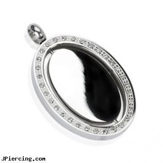 Stainless Steel Gem Paved Oval Frame with Spinning Center Pendant, 8-ga cbr or bcr stainless piercing 1-, titanium or stainless steel belly button rings, stainless steel cock rings, surgical steel body jewellery, removal of tongue piercing aftercare