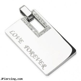 Stainless Steel Gem Paved Square \"Love Forever\" Engraved Pendant, stainless steel rings, stainless steel cock rings, navel jewelry surgical stainless steel internal thread, navel steel belly button, square gemstone belly button ring