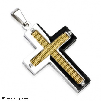 Stainless Steel IP Gold Center Screen Cross Pendant, stainless steel chain az, stainless steel belly rings, navel jewelry surgical stainless steel internal thread, industrial steel body jewellery, 14kt gold navel jewelry jewelry deep