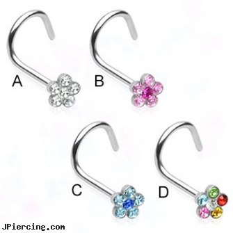 Stainless steel nose screw with jeweled flower, 20 ga, stainless steel nose rings, stainless steel body jewelry, stainless steel chain az, double steel cock rings, surgical steel navel rings