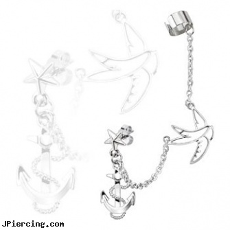 Star Stud Chain Earring with Swallow And Anchor Dangles with End Clip In Surgical Stainless Steel, starter belly rings, patrick the starfish navel rings, star belly button rings, pictures of studs for piercing ears, free male studs