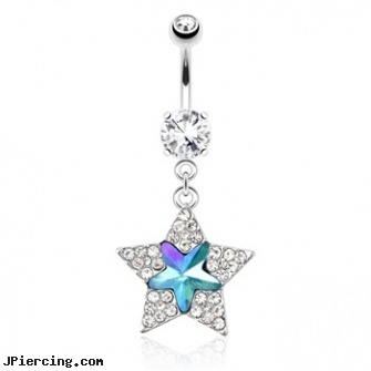 Star with Paved Gems And Aqua Star Gem Dangle Surgical Steel Navel Ring, starter navel jewelry, navel ring starter twister wholesale, patrick the starfish navel rings, gemstone belly button barbells, square gemstone belly jewelry