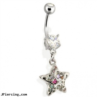 Steel 3D Star Navel Ring with Rainbow Paved CZs, surgical stainless steel navel jewelry, 12 gauge steel ear plugs, stainless steel cock rings, how to get started making body jewelry, how to get started in body peircing