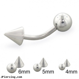 Steel ball and cone curved barbell, 14 ga, surgical stainless steel body jewelry, surgical steel nose rings, surgical steel prong set labrets, cock ring placement balls penis, flashing labret ball