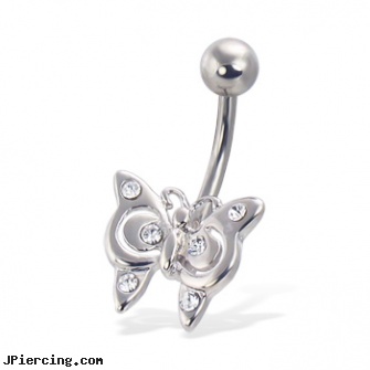 Steel butterfly belly ring with small gems, surgical steel body piercing jewelry, surgical steel jewelry, surgical steel body jewelry, butterfly tongue rings, uv butterfly navel ring