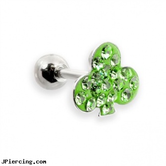 Steel cartilage barbell with jeweled clover top, 16 ga, surgical steel body piercing jewelry, stainless steel belly rings, steel my heart jewlry, cartilage earrings for cheap, piercing pagoda for ear cartilage piercing