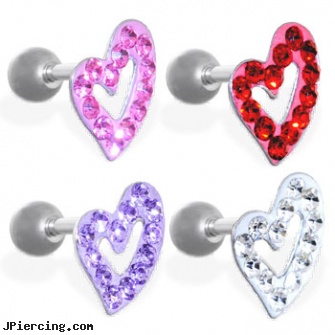 Steel cartilage barbell with jeweled heart top, 16 ga, stainless steel nipple rings, surgical steel jewelry, surgical stainless steel navel jewelry, industrial ear cartilage piercing, piercing pagoda for ear cartilage piercing