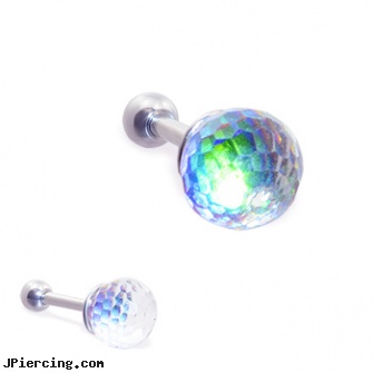 Steel cartilage barbell with rainbow anodized crystal ball, 16 ga, steel earrings multiple ear piercings, steel prong set labrets, surgical steel belly rings, ear cartilage piercing, cartilage piercing rings