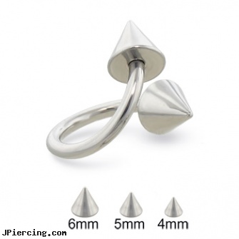 Steel cone twisted barbell, 14 ga, body piercing jewelry surgical steel, stainless steel cock rings, surgical steel prong set labrets, helix cone, silicone cock rings