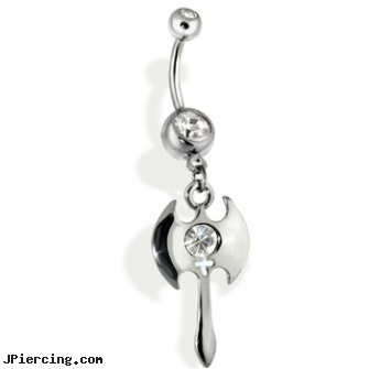 Steel Hematite Axe with cz, captive earrings unique steel, buy steel lip ring, stainless steel rings, hematite tongue ring, bezel-set diamond belly rings
