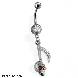 Steel Hematite Vintage Music Note Belly Ring with Skull, steel earrings multiple ear piercings, surgical steel jewelry, stainless steel chain az, hematite tongue ring, vintage jelly belly jewelry