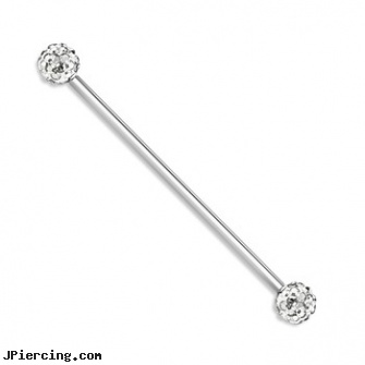 Steel Industrial Barbell With Crystal Balls, 14 Gauge, surgical steel navel jewelry, surgical steel body jewellery, steel earrings multiple ear piercings, industrial strength body jewelry, industrial piercing prices