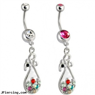 Steel Multi Color Gemmed Peacock Navel Ring with Gem, surgical stainless steel body jewelry, stainless steel chain az, surgical steel nose rings, horizontal belly ring multiple, multiple ear piercing tattoo very short hair
