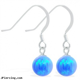 Sterling Silver Earrings with Dangling 8mm Blue Opal Ball, sterling silver starter studs, sterling navel ring, sterling silver nose studs, silver jewellry, earrings body piercing jewelry