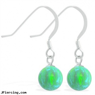 Sterling Silver Earrings with Dangling 8mm Green Opal Ball, sterling cock ring, sterling silver naval rings, sterling silver navel jewelry, silver moon body jewelry, nonpiercing silver body jewelery