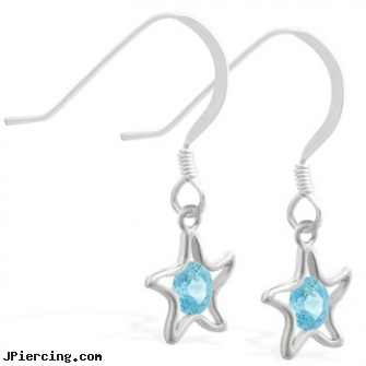 Sterling Silver Earrings with dangling Aquamarinejeweled star, sterling silver navel ring, sterling silver nipple rings, sterling silver naval rings, silver belly button rings, adjustable silver cock ring
