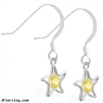 Sterling Silver Earrings with dangling Citrine jeweled star, sterling silver nipple rings, sterling silver nose studs, sterling cock ring, silver jewellry, self piercing earrings