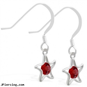 Sterling Silver Earrings with dangling Garnet jeweled star, sterling silver starter studs, cheerleader belly rings titanium or sterling silver, sterling silver navel jewelry, silver nose rings, cartilage earrings