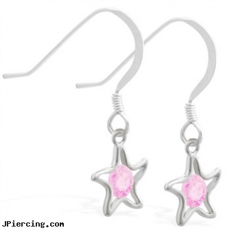 Sterling Silver Earrings with dangling Pink Tourmaline jeweled star, sterling silver jewellry, sterling navel ring, sterling silver nipple rings, silver moon body jewelry, hot silver body jewelry