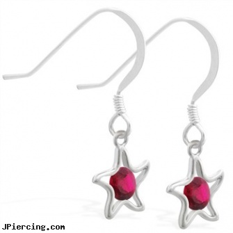 Sterling Silver Earrings with dangling Ruby jeweled star, sterling silver jewellry, cheerleader belly rings titanium or sterling silver, sterling cock ring, hot silver body jewelry, silver nipple ring