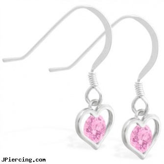 Sterling Silver Earrings with small dangling Pink Tourmaline jeweled heart, disney charms sterling silver, sterling silver naval rings, cheerleader belly rings titanium or sterling silver, silver nipple rings, silver nose stud