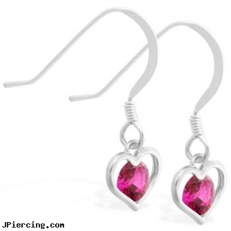 Sterling Silver Earrings with small dangling Ruby jeweled heart, sterling silver navel jewelry, sterling cock ring, sterling navel ring, nonpiercing silver body jewelery, silver moon body jewelry