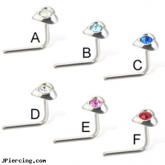 Sterling silver L-shaped nose pin with jeweled heart, 20 ga, sterling navel ring, sterling silver navel jewelry, cheerleader belly rings titanium or sterling silver, silver belly button rings, silver cock rings