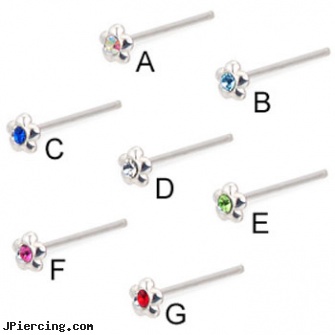 Sterling silver nose stud with jeweled flower, long tail for custom bend! 20 ga, sterling silver nipple rings, sterling silver naval rings, sterling silver starter studs, silver moon body jewelry, silver nose rings