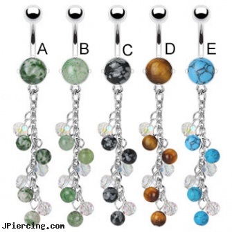 Stone belly ring with dangling chains and stone, birth stone, gemstone belly button barbells, tombestone com body pircing, belly piercing pictures, fake belly rings