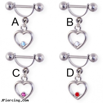 Straight barbell helix cuff with dangling jeweled heart, 16 ga, straight onyx plugs, straight nose stud, gold plated straight barbell eyebrow jewelry, tongue barbells genital, rhinestone belly button barbells