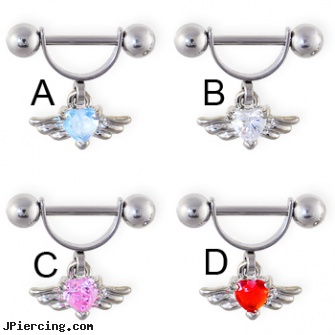 Straight barbell helix cuff with dangling jeweled heart with wings, 16 ga, straight onyx plugs, straight pin nose rings, gold plated straight barbell eyebrow jewelry, inch tongue barbells, rhinestone belly button barbells
