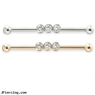 Straight Barbell With 3 Bezeled Set Gems, gold plated straight barbell eyebrow jewelry, straight pin nose rings, straight onyx plugs, tongue piercing barbell, spiral barbell
