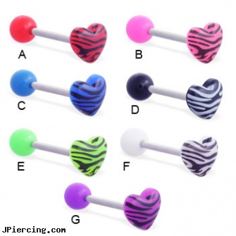 Straight Barbell With Acrylic Ball And Tiger Print Heart Top, 14 Ga, straight onyx plugs, straight nose stud, straight pin nose rings, barbells for cartilage piercing, barbell 14 ga