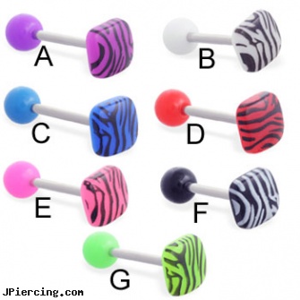 Straight barbell with acrylic ball and tiger print square top, 14 ga, internally threaded straight barbells, straight nose stud, straight pin nose rings, sizes of tongue barbells, gauge plastic tongue barbells
