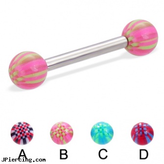 Straight barbell with acrylic checkered balls, 12 ga, internally threaded straight barbells, straight onyx plugs, gold plated straight barbell eyebrow jewelry, cheap barbells and tongue rings, acrylic tongue barbells