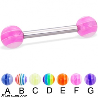 Straight barbell with acrylic layered ball, 12 ga, internally threaded straight barbells, gold plated straight barbell eyebrow jewelry, straight onyx plugs, tongue barbell, tongue barbells