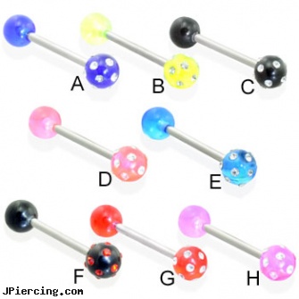 Straight barbell with acrylic pave jeweled ball, straight nose stud, straight onyx plugs, straight pin nose rings, 16 ga circular barbell body jewelery, tongue barbells penis