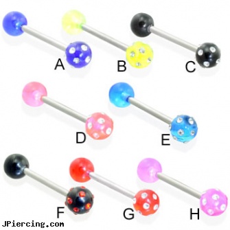 Straight barbell with acrylic pave jeweled ball, straight nose stud, straight onyx plugs, straight pin nose rings, 16 ga circular barbell body jewelery, tongue barbells penis